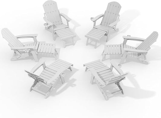 YEFU Adjustable Adirondack Chair with Retractable Ottoman Set of 6,Folding Adirondack Chair with Cup-Holder, Outdoor Chairs with Footrest,Weather Resistant Fire Pit Chairs,for Patio Lawn