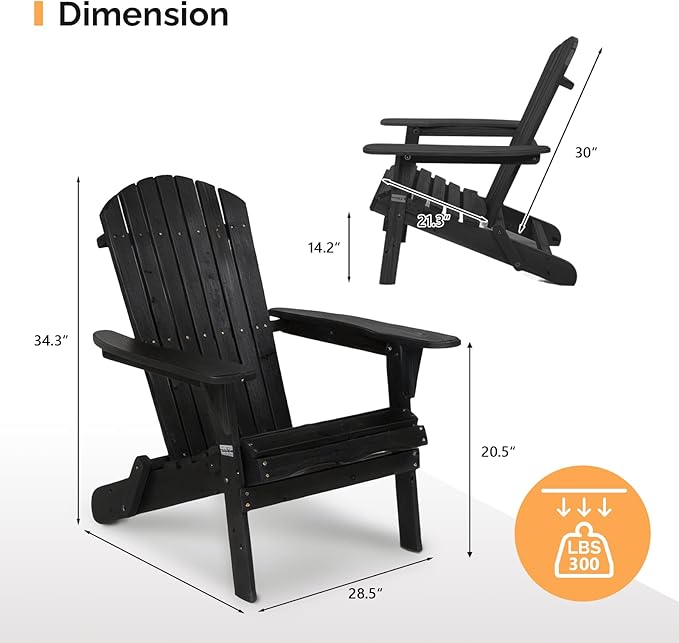 VINGLI Folding Adirondack Chairs Set of 1, Wood Adirondack Chair for Outdoor, Foldable Fire Pit Chairs for Patio, BBQ - Photo 3