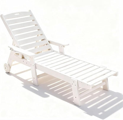 Lounge Chair Outdoor with Wood Texture, Oversized Chaise Lounge Chairs Outside with 5-Position Adjustable Backrest, HDPE Patio Lounge Chair with Wheels & Cup Holder for Poolside, Deck,White