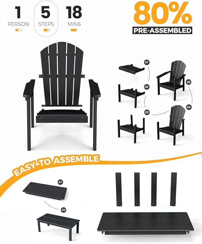nevilywood 3-Piece HDPE Adirondack Chair Set, 2 Stackable Chairs Coffee Table, All-Weather Wood Grain - Photo 7