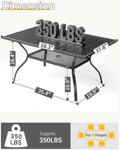 Outvita Outdoor Patio Table for 6 Person, Black Rectangular Metal Frame Patio Classic Dining Table with 1.65" Adjustable Umbrella Hole for Garden Lawn Backyard Deck, 60" L x 35" W x 29" H