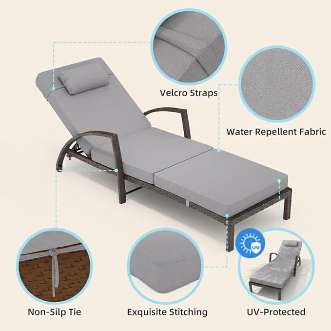 Outdoor Chaise Lounge Set of 2, 5-Position Adjustable PE Wicker Reclining Chairs with Wheels & 3.5" Cushions, 400 lbs Capacity All-Weather Patio Furniture for Poolside, Garden, Beach(Gray)