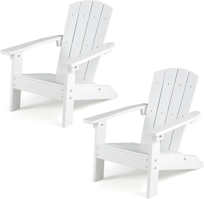 KOTEK Kids Adirondack Chair Set of 2, Plastic Toddler Lawn Chair with Ergonomic Seat, Wood-Grain Texture, Easy to Assemble, All-Weather Outdoor Kids Chairs for Patio, Garden, Backyard (White)