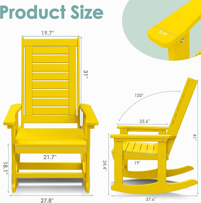 IVY&LANE Outdoor Rocking Chairs Set of 2 | Porch-Rockers | Yellow | HDPE Plastic | All-Weather | High Back | Wide Seat | Oversized Patio Rocker for Adult | for Outside Deck Balcony Garden