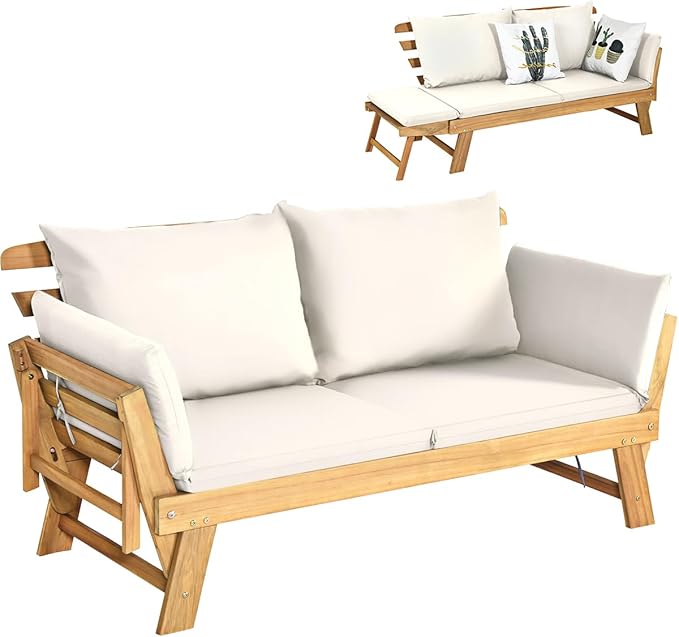 DORTALA Patio Convertible Couch Sofa Bed, Acacia Wood Daybed w/Adjustable Armrest, Collapsible Chaise Lounge w/Cushions & Pillows, Outdoor Loveseat for Poolside, Courtyard (White)