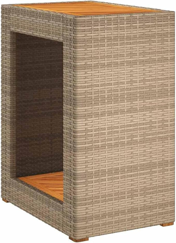 vidaXL Patio Side Table - Beige 23.6"x15.7"x29.5" - Durable Poly Rattan & Acacia Wood Top - Outdoor/Garden/Backyard - Photo 1