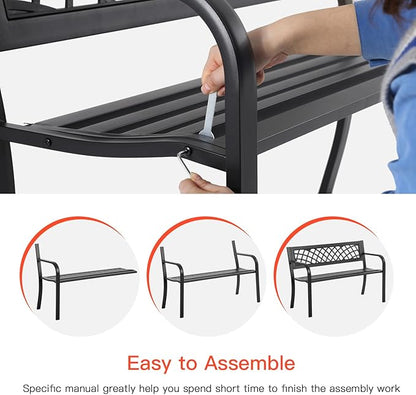 BestMassage Outdoor Garden Bench,Iron Steel Frame Patio Bench with Mesh Pattern and Plastic Backrest Armrests for Porch,Lawn,Garden,Park,Yard,Black
