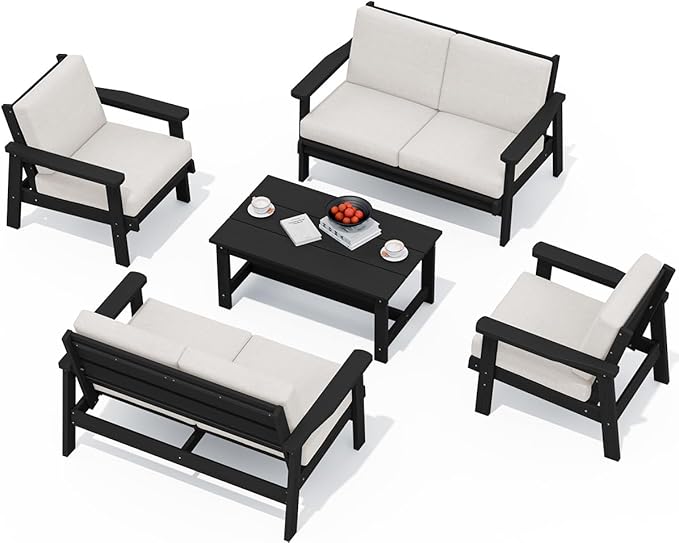 SERWALL HDPE Patio Furniture Set, 5 Piece All Weather Wood-Like Sectional Outdoor Furniture Set - Photo 1