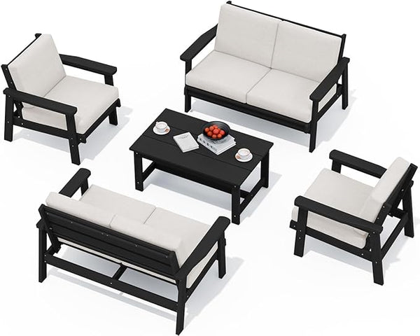 SERWALL HDPE Patio Furniture Set, 5 Piece All Weather Wood-Like Sectional Outdoor Furniture Set - Photo 1