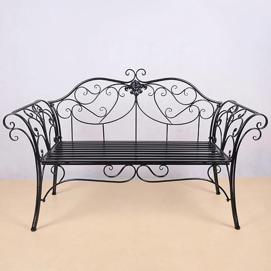 Garden Benches for Outdoors, Metal Garden Benches with Floral Design Backrest, Easy Assembly, for Porch, Yard, Lawn, Balcony(Black)