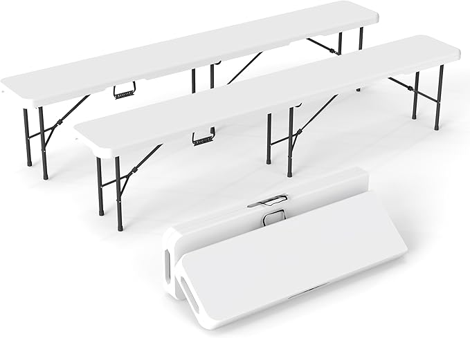 Real Relax 6 feet Plastic Folding Bench with Carrying Handle & Lock,Portable in/Outdoor Picnic Party Camping Dining Seat, Garden Soccer Multipurpose Entertaining Activities,Waterproof, 2 Pack, White