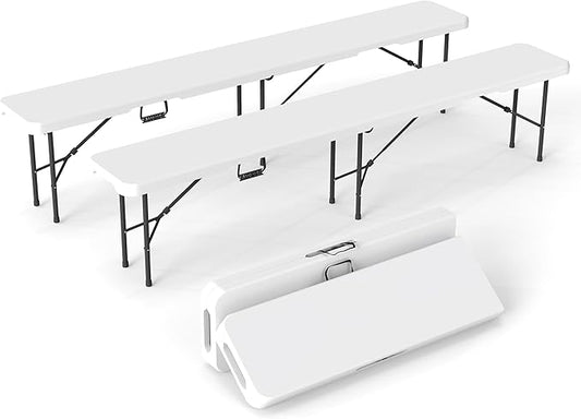 Real Relax 6 feet Plastic Folding Bench with Carrying Handle & Lock,Portable in/Outdoor Picnic Party Camping Dining Seat, Garden Soccer Multipurpose Entertaining Activities,Waterproof, 2 Pack, White