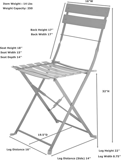 Carolina Chair & Table Bistro Set of 2 Foldable Outdoor Chairs - Elegant Powder Coated Metal Seat and Frame Folding Chairs - Modern Style Space Saving Furniture for Patio, Balcony or Garden (Black)