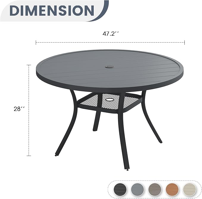 VICLLAX Round Patio Dining Table for 4-6, Outdoor Metal Dining Table with Umbrella Hole for Deck Lawn Garden Backyard, 47.2" Dark Grey
