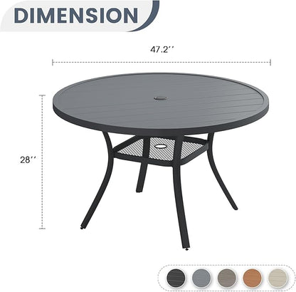 VICLLAX Round Patio Dining Table for 4-6, Outdoor Metal Dining Table with Umbrella Hole for Deck Lawn Garden Backyard, 47.2" Dark Grey