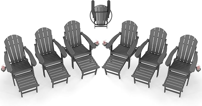 BRIOPAWS Adirondack-Chairs-with-Pull-Out-Footrest | Set of 6 | Folding | HDPE Plastic | Fire Pit Chair | All Weather | Cup Holders | Curved Back | Retractable Ottoman | for Poolside Deck | Grey