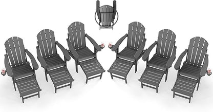 BRIOPAWS Adirondack-Chairs-with-Pull-Out-Footrest | Set of 6 | Folding | HDPE Plastic | Fire Pit Chair | All Weather | Cup Holders | Curved Back | Retractable Ottoman | for Poolside Deck | Grey