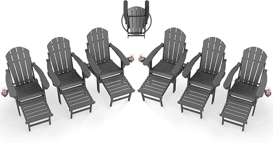 BRIOPAWS Adirondack-Chairs-with-Pull-Out-Footrest | Set of 6 | Folding | HDPE Plastic | Fire Pit Chair | All Weather | Cup Holders | Curved Back | Retractable Ottoman | for Poolside Deck | Grey