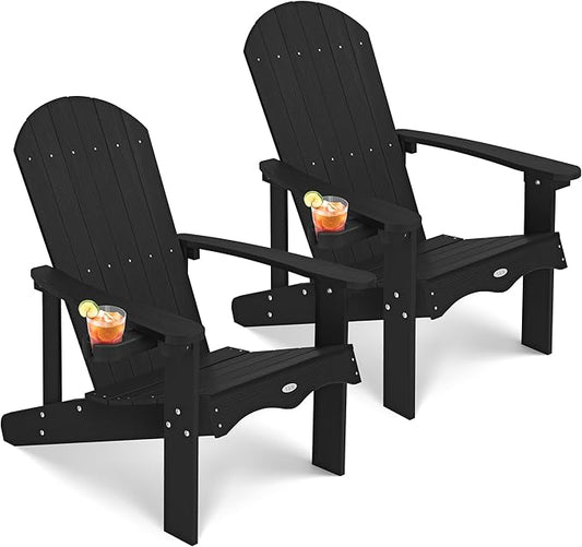 Y&M Adirondack Chair Set of 2, Black Fire Pit Chairs, Outdoor Patio Chairs with Cup Holder, Weather Resistant HDPE Wooden Textured Patio Chair, Perfect for Garden, Lawn, Deck, or Poolside