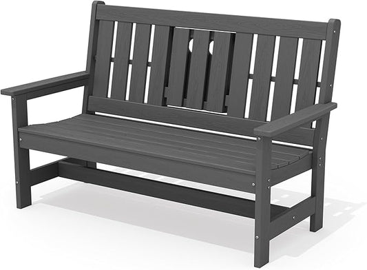 SERWALL Outdoor Bench with Cup Holder, 58" HDPE Garden Park Bench Suitable for 3 Person, All Weather Patio Benches with High Backrest and Wide Armrests for Garden, Park, Yard, Front Porch, Grey