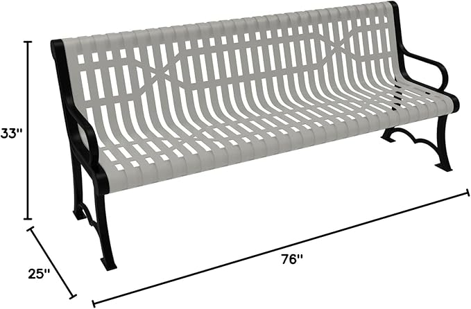 COATEDOUTDOORFURNITURE Heavy-Duty Outdoor Bench Thermoplastic Coated, Slated Steel, Commercial-Grade Garden Bench, Made in America (Portable with Back, 6 Ft, Textured Grey)