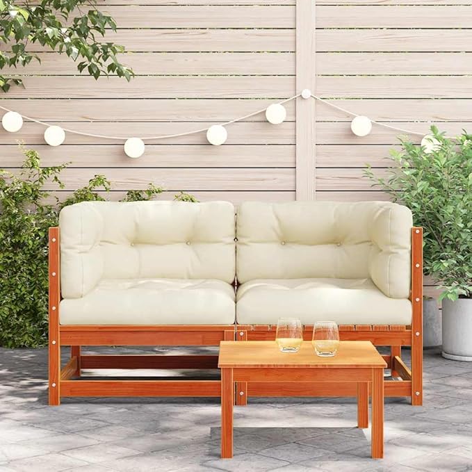 Garden Sofa Set Wax Brown Solid Pine Wood 27.6 x 27.6 x 26.4 in Rustic Corner Sectional with Removable Cushions for Patio Balcony Outdoor Seating Furniture