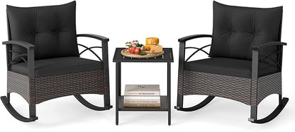 Tangkula 3 Piece Rattan Rocking Chair Set, Patio Rocker Bistro Set with Acacia Wood Tabletop & Armrests, 2 Outdoor Cushioned Armchairs w/Double-Tier Side Table for Porch, Balcony, Backyard