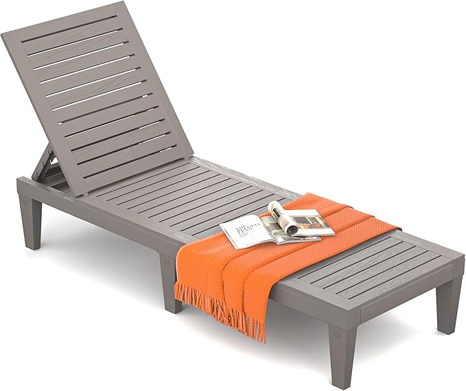 Outdoor Lounge Chair for Poolside Patio, Weather-Resistant Pool Chaise Lounge with Adjustable Backrest, Resin Tanning Chair Sun Lounger for Outside Deck, Beach, Sunbathing, Taupe
