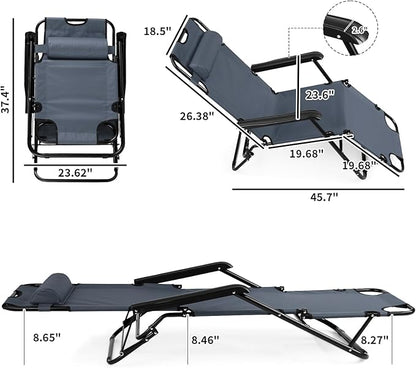 Outdoor Folding Chaise Lounge Chair, Patio Sun Lounger Reclining Beach Chair Sun Patio Pool Lawn Recliner Chair (Gray)