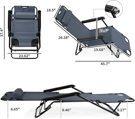 Outdoor Folding Chaise Lounge Chair, Patio Sun Lounger Reclining Beach Chair Sun Patio Pool Lawn Recliner Chair (Gray)