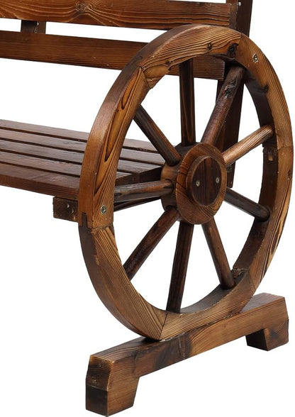 Rustic Wagon Wheel Outdoor Bench 41" Wooden Patio Bench for 2 Persons Solid Fir Wood Slatted Seat with Backrest Brown Finish Garden Furniture Perfect for Porch Deck or Lawn