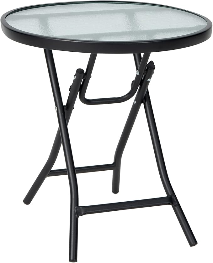 Tangkula Patio Bistro Table, 18" Round Side Table with Tempered Glass Tabletop, Rustproof Frame and Stable X-Shaped Structure, Folding Side Table for Indoor and Outdoor Use