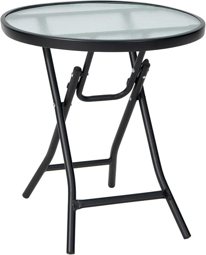 Tangkula Patio Bistro Table, 18" Round Side Table with Tempered Glass Tabletop, Rustproof Frame and Stable X-Shaped Structure, Folding Side Table for Indoor and Outdoor Use