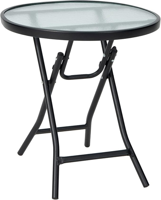 Tangkula Patio Bistro Table, 18" Round Side Table with Tempered Glass Tabletop, Rustproof Frame and Stable X-Shaped Structure, Folding Side Table for Indoor and Outdoor Use