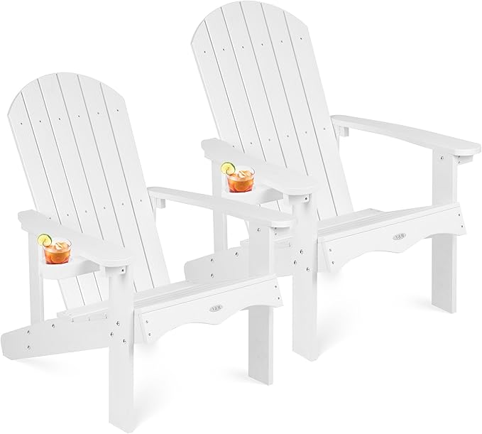 Y&M Adirondack Chair Set of 2, White Fire Pit Chairs, Outdoor Patio Chairs with Cup Holder, Weather Resistant HDPE Wooden Textured Patio Chairs, Perfect for Garden, Lawn, Deck, or Poolside