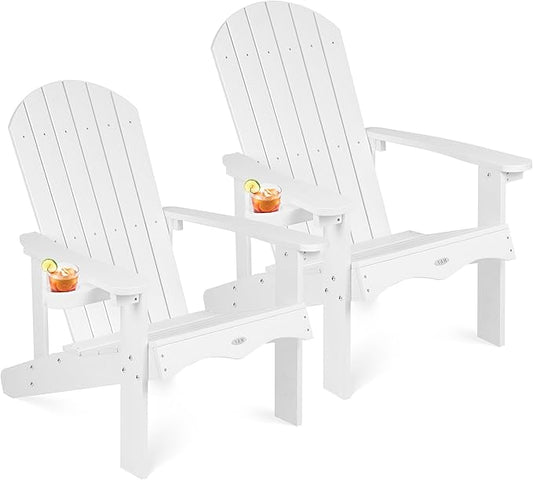 Y&M Adirondack Chair Set of 2, White Fire Pit Chairs, Outdoor Patio Chairs with Cup Holder, Weather Resistant HDPE Wooden Textured Patio Chairs, Perfect for Garden, Lawn, Deck, or Poolside