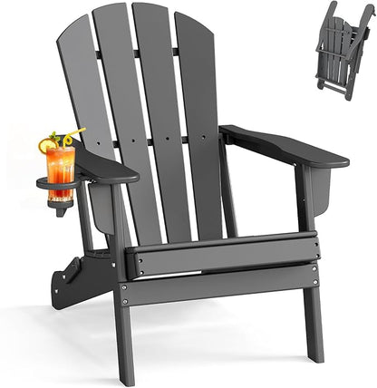 BRIOPAWS Folding-Adirondack-Chair | HDPE Plastic | Fire Pit Chairs | Cup Holder | Curved Back | All Weather | for Outdoor Backyard Deck Patio | Grey