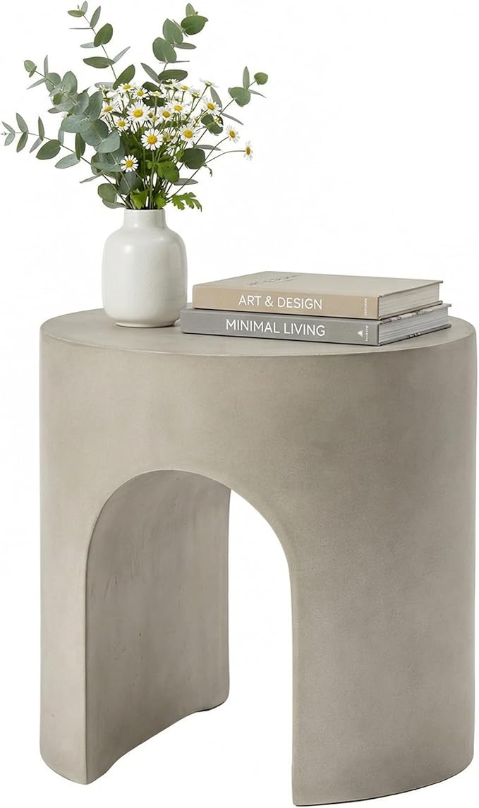 COSIEST Grey Outdoor Side Table, 15.7" Modern Concrete End Table with Arched Open for Patio, Small Round Outside Accent Table & Plant Stand for Garden, Porch, Deck, Balcony