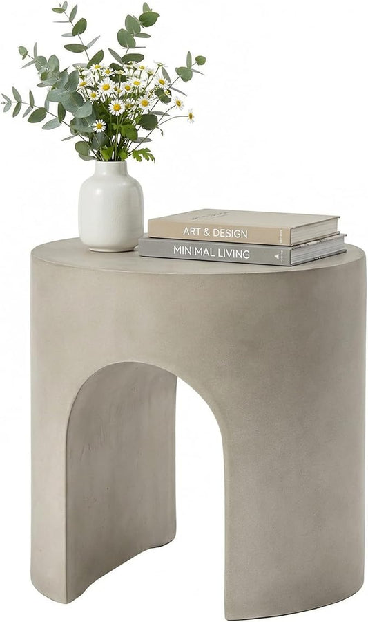 COSIEST Grey Outdoor Side Table, 15.7" Modern Concrete End Table with Arched Open for Patio, Small Round Outside Accent Table & Plant Stand for Garden, Porch, Deck, Balcony