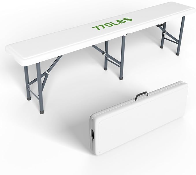 6FT Folding Bench - Heavy Duty 770lbs Capacity, Safety Locking Button & Wider Carrying Handle, Foldable Portable Bench for Outdoor, Picnic, Storage, Camping - White, 1 Pack
