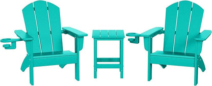 WestinTrends Malibu 3-Piece Kids HDPE Adirondack Chairs Set with Square Side Table and Cup Holders, Turquoise