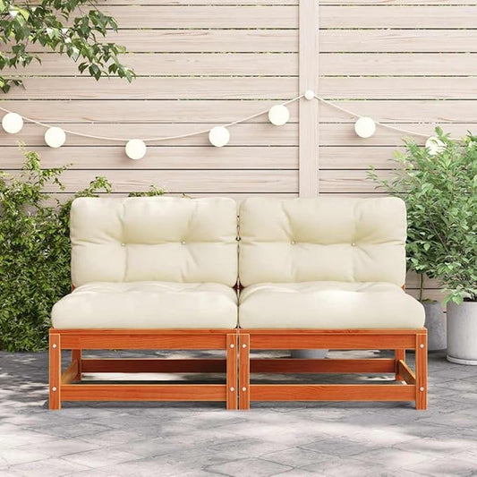 Solid Pine Wood Armless Garden Sofa Modular Outdoor Furniture with Weather-Resistant Cushions for Patio Terrace Balcony Rustic Brown Cream