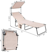 Giantex Tanning Chair, Patio Chaise Lounge Chair with 5 Adjustable Position, Shade Canopy, Storage Pocket, Camping Cot - Photo 3