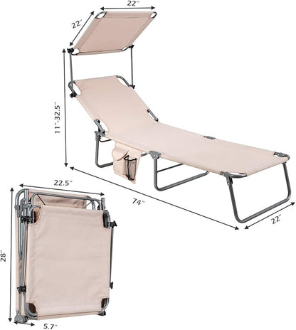 Giantex Tanning Chair, Patio Chaise Lounge Chair with 5 Adjustable Position, Shade Canopy, Storage Pocket, Camping Cot, Outdoor Sunbathing Recliner for Poolside, Lawn Folding Beach Chairs(2, Beige)