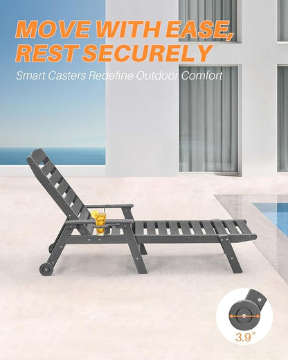 HDPE Outdoor Chaise Lounge Chair, 78.4'' Adjustable Outdoor Lounger with Wheels & Cup Holder, 5 Positions Poly Lounge Chair Furniture, HDPE Patio Lounge Chair for Poolside, Deck, Smoke Gray