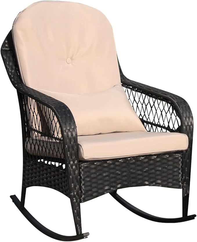 LVUYOYO Outdoor Rocking Chair, Patio Wicker Rattan Rocker Chair with Cushions, Rocking Wicker Furniture Set for Deck, Porch, Garden, Backyard (Khaki)