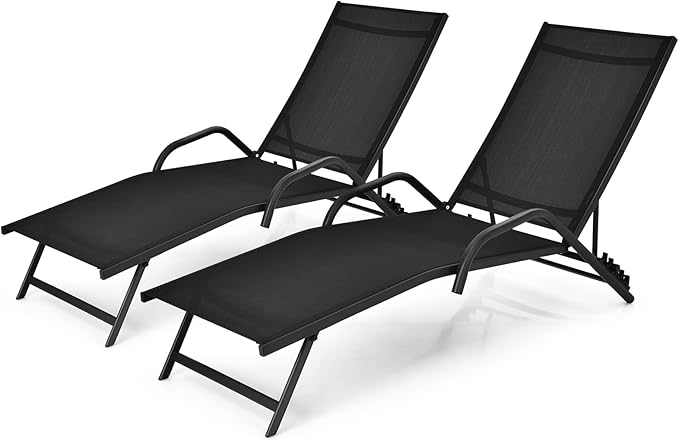 Tangkula Outdoor Patio Chaise Lounge Chairs, Reclining Lounge Chairs with 5-Position Adjustable Backrest & Breathable Fabric, Outdoor Recliner Chairs for Lawn, Poolside & Backyard, Set of 2 (2, Black)
