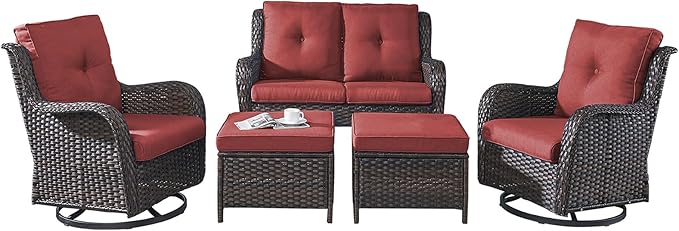 Rilyson Wicker Patio Furniture Set - 5 Piece Rattan Outdoor Sectional Conversation Sets with 2 Rocking Swivel Chairs - Photo 1