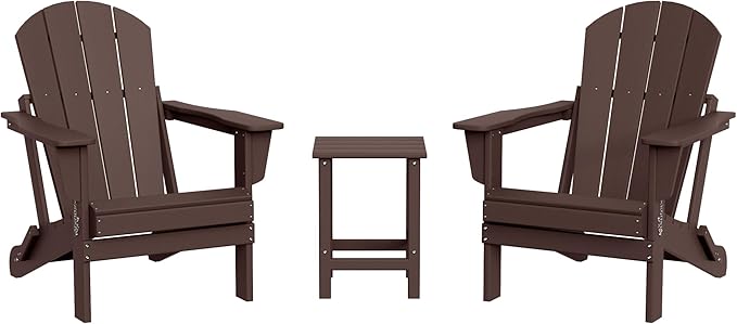 WestinTrends Malibu 3-Pieces Adirondack Chairs Set with Side Table, All Weather Outdoor Seating Plastic Patio Lawn Chair Folding for Outside Porch Deck Backyard, Dark Brown