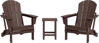 WestinTrends Malibu 3-Pieces Adirondack Chairs Set with Side Table, All Weather Outdoor Seating Plastic Patio Lawn Chair Folding for Outside Porch Deck Backyard, Dark Brown